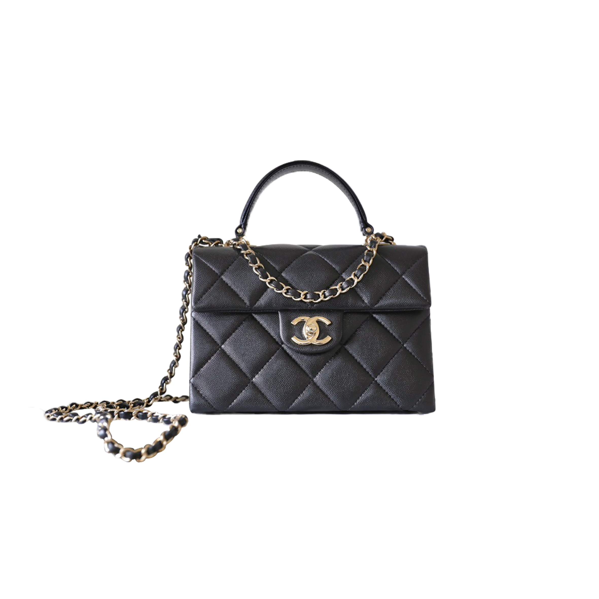 CHANEL MASTER BLACK QUILTED CAVIAR LEATHER KELLY TOP HANDLE FLAP BAG (21*16*9.5cm)